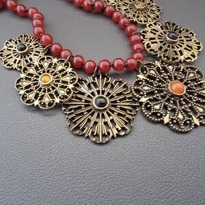 Boho Filigree Statement Necklace Red Acrylic Beads Antique Brass